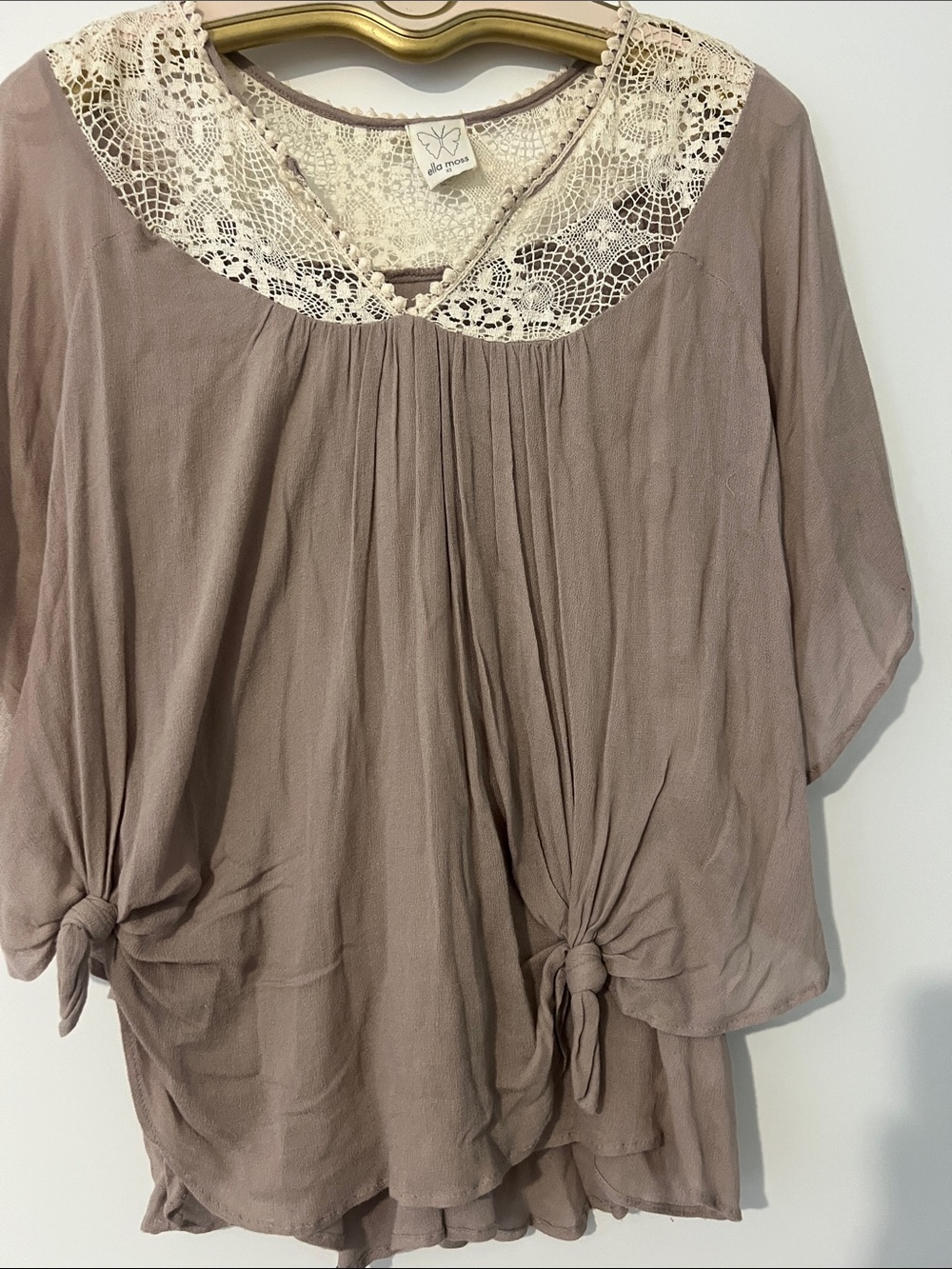 Ella Moss Taupe Blouse with Cream Crochet Yoke top. Beautiful!! XS